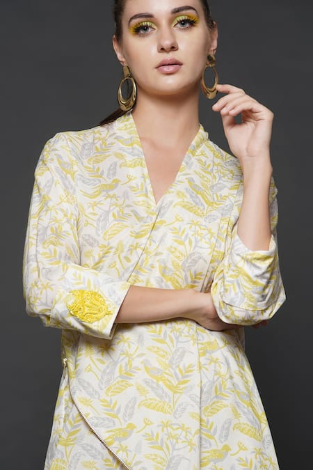 Buy_Angry Owl_White Cotton Silk Parrot Print Surplice Neck Wrap Dress_Online_at_Aza_Fashions