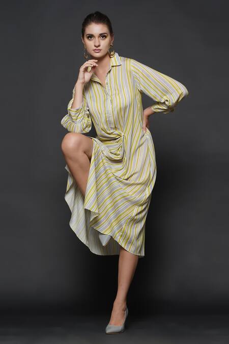 Angry Owl_Grey Cotton Silk Spread Collar Stripe Print Dress _Online_at_Aza_Fashions