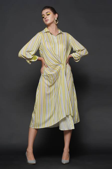 Buy_Angry Owl_Grey Cotton Silk Spread Collar Stripe Print Dress _Online_at_Aza_Fashions