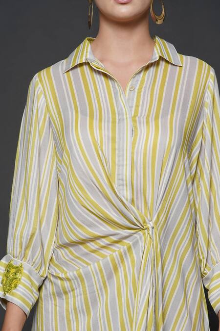 Angry Owl_Grey Cotton Silk Spread Collar Stripe Print Dress _at_Aza_Fashions