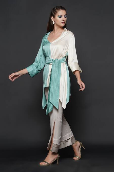 Angry Owl_Blue Modal Plunge Collar Color Block Asymmetric Top _Online_at_Aza_Fashions