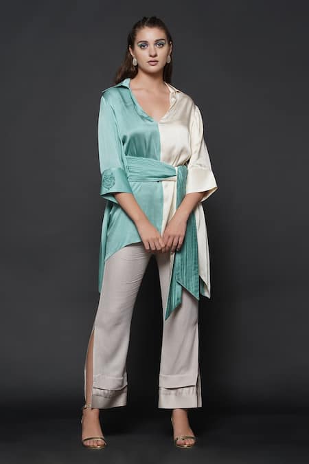 Buy_Angry Owl_Blue Modal Plunge Collar Color Block Asymmetric Top _Online_at_Aza_Fashions