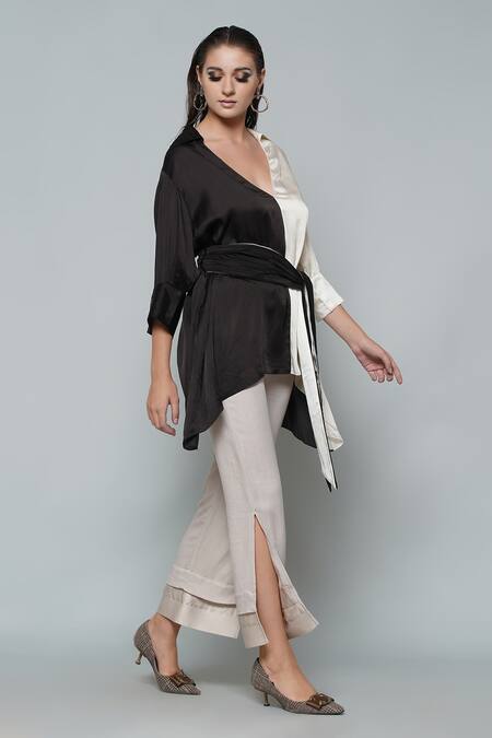 Angry Owl_Black Modal V Neck Color Block Top _Online_at_Aza_Fashions