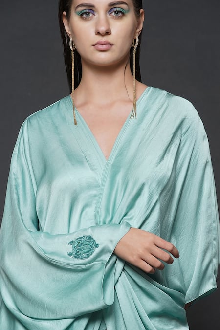 Angry Owl_Blue Modal V Neck Draped Knotted Top _at_Aza_Fashions