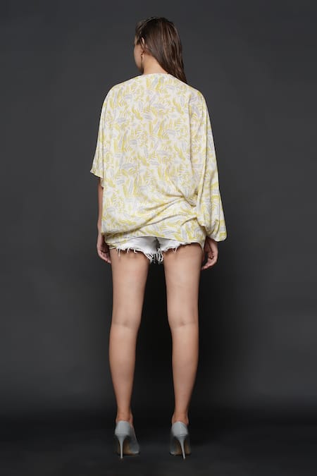Shop_Angry Owl_White Cotton Silk Parrot Print V Neck Knotted Top _at_Aza_Fashions