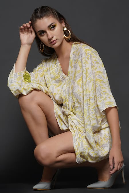 Shop_Angry Owl_White Cotton Silk Parrot Print V Neck Knotted Top _Online_at_Aza_Fashions