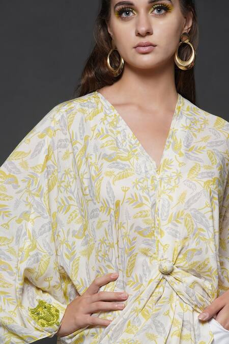 Angry Owl_White Cotton Silk Parrot Print V Neck Knotted Top _at_Aza_Fashions