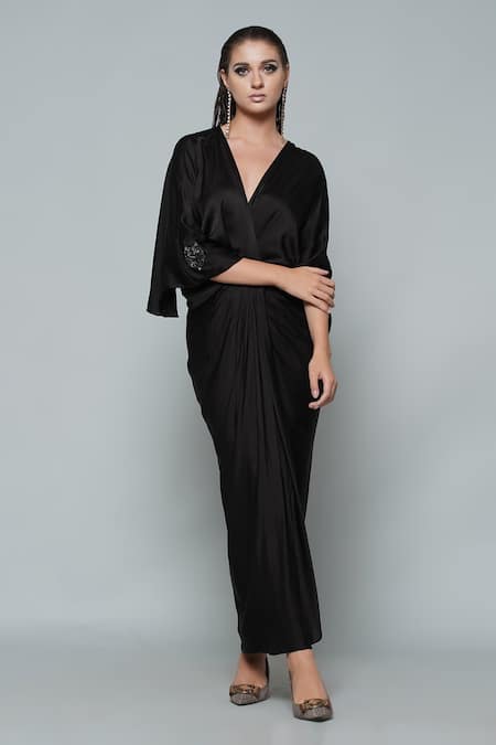 Buy Black Modal Embroidery V Neck Rise And Shine Maxi Dress For