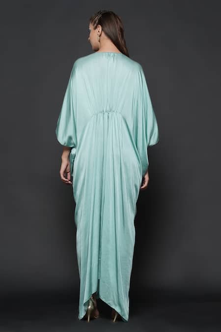Shop_Angry Owl_Blue Modal V Neck Draped Knotted Kaftan _at_Aza_Fashions