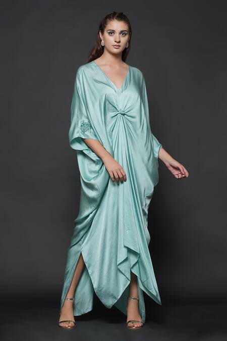 Angry Owl_Blue Modal V Neck Draped Knotted Kaftan _Online_at_Aza_Fashions