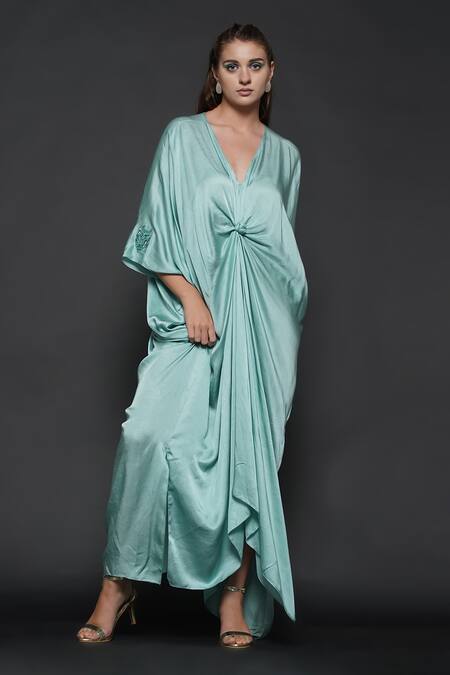 Buy_Angry Owl_Blue Modal V Neck Draped Knotted Kaftan _Online_at_Aza_Fashions