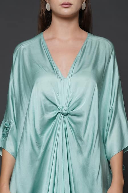Shop_Angry Owl_Blue Modal V Neck Draped Knotted Kaftan _Online_at_Aza_Fashions