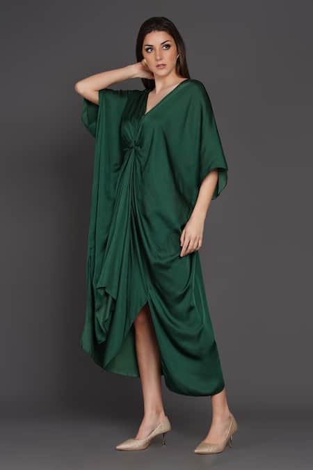 Buy_Angry Owl_Green Modal V Neck Knot Detail Kaftan _Online_at_Aza_Fashions