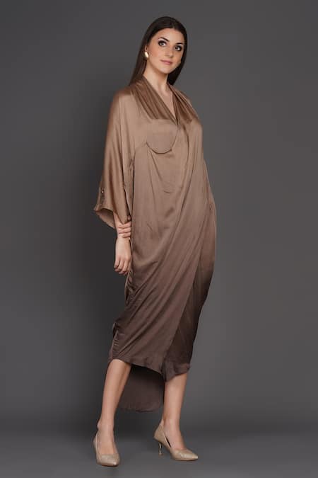 Angry Owl_Brown Modal Gathered Horseshoe Neck Ombre Draped Waterfall Dress _Online_at_Aza_Fashions