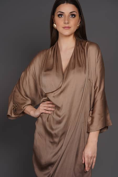 Buy_Angry Owl_Brown Modal Gathered Horseshoe Neck Ombre Draped Waterfall Dress _Online_at_Aza_Fashions