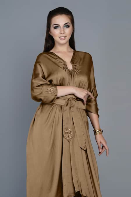 Angry Owl_Brown Modal Gathered Horseshoe Neck Mai-tee Draped Kaftan With Belt _Online_at_Aza_Fashions