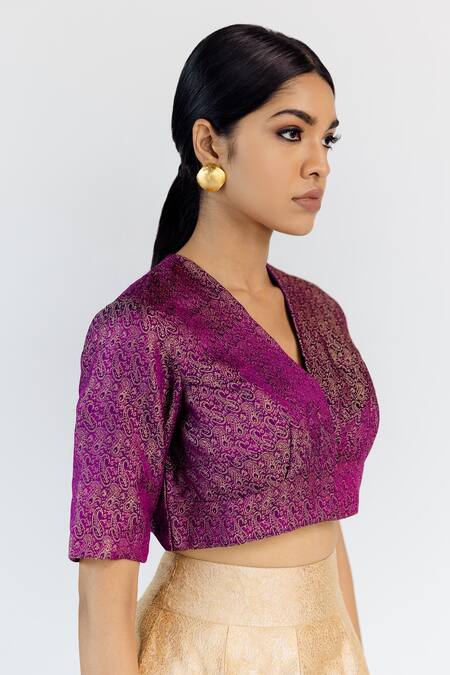 Mimamsaa_Purple Silk Brocade Paisley Woven V Neck Kamali Princess Cut Blouse_Online_at_Aza_Fashions