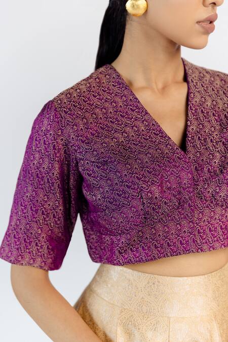 Shop_Mimamsaa_Purple Silk Brocade Paisley Woven V Neck Kamali Princess Cut Blouse_Online_at_Aza_Fashions