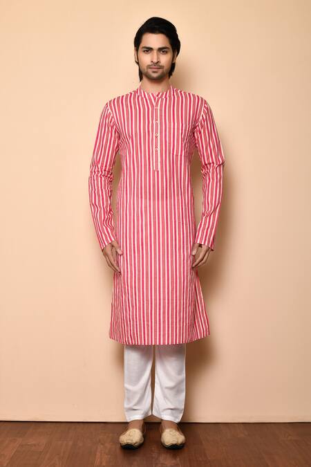 Buy_Aryavir Malhotra_Multi Color Pure Cotton Stripe Print Kurta_Online_at_Aza_Fashions