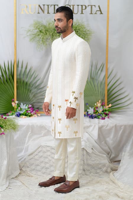 Runit Gupta_Ivory Cotton, Chanderi Silk Pearl, Sequin, Palm Tree Amir Sherwani Set _Online_at_Aza_Fashions