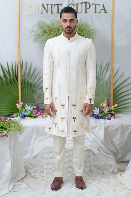 Buy_Runit Gupta_Ivory Cotton, Chanderi Silk Pearl, Sequin, Palm Tree Amir Sherwani Set _Online_at_Aza_Fashions