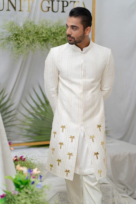 Shop_Runit Gupta_Ivory Cotton, Chanderi Silk Pearl, Sequin, Palm Tree Amir Sherwani Set _Online_at_Aza_Fashions