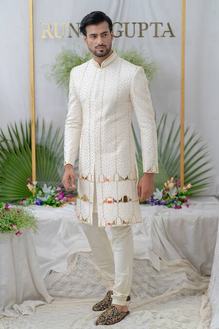 Runit Gupta_Ivory Cotton, Chanderi Silk Pipe, Elephant, Khidki Amey Embellished Sherwani Set _Online_at_Aza_Fashions