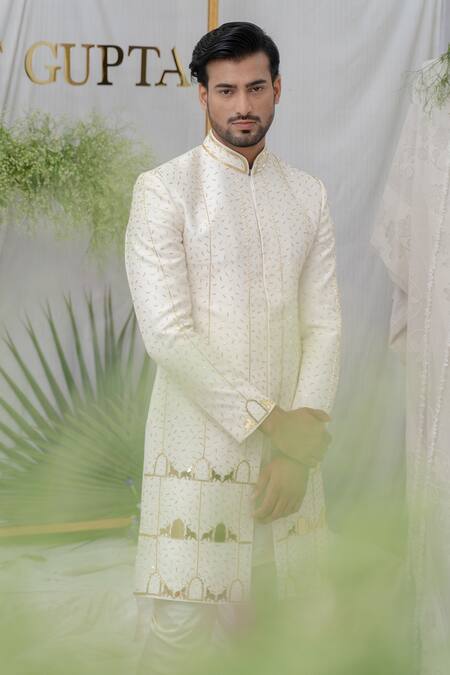 Shop_Runit Gupta_Ivory Cotton, Chanderi Silk Pipe, Elephant, Khidki Amey Embellished Sherwani Set _Online_at_Aza_Fashions