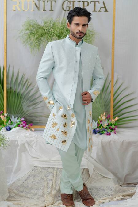 Runit Gupta_Blue Cotton, Chanderi Silk Lotus, Pearl Aayan Embroidered Sherwani Set _Online_at_Aza_Fashions