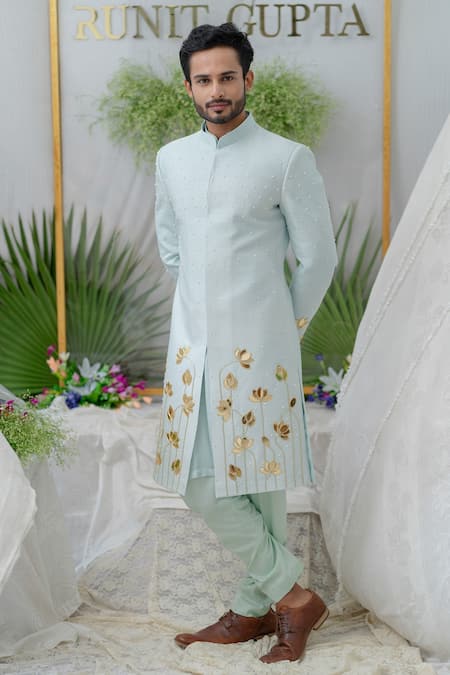 Buy_Runit Gupta_Blue Cotton, Chanderi Silk Lotus, Pearl Aayan Embroidered Sherwani Set _Online_at_Aza_Fashions