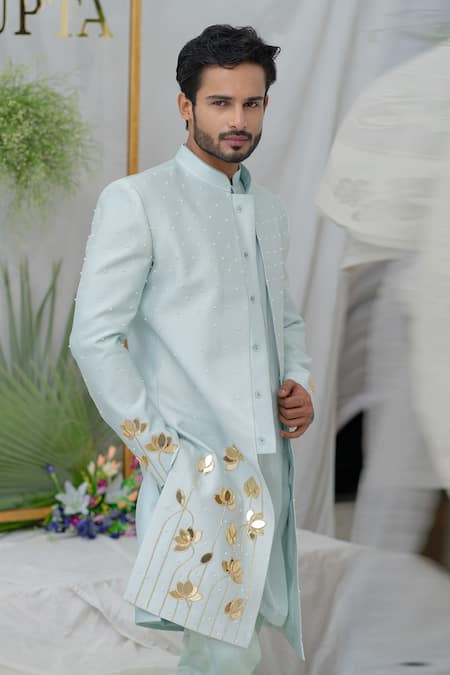 Shop_Runit Gupta_Blue Cotton, Chanderi Silk Lotus, Pearl Aayan Embroidered Sherwani Set _Online_at_Aza_Fashions