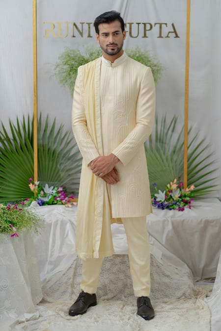Runit Gupta_Cream Cotton, Chanderi Silk Cutdana, Floral, Bead Kian Sherwani Set _Online_at_Aza_Fashions
