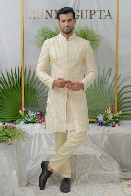 Buy_Runit Gupta_Cream Cotton, Chanderi Silk Cutdana, Floral, Bead Kian Sherwani Set _Online_at_Aza_Fashions