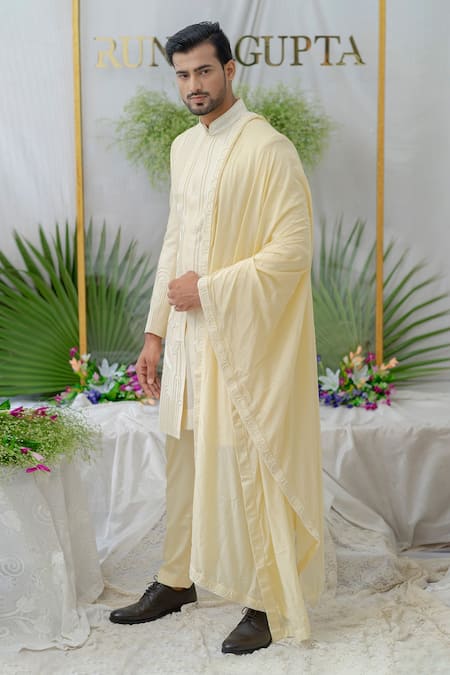 Shop_Runit Gupta_Cream Cotton, Chanderi Silk Cutdana, Floral, Bead Kian Sherwani Set _Online_at_Aza_Fashions
