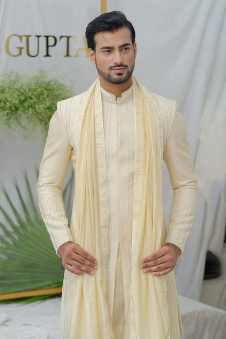 Runit Gupta_Cream Cotton, Chanderi Silk Cutdana, Floral, Bead Kian Sherwani Set _at_Aza_Fashions