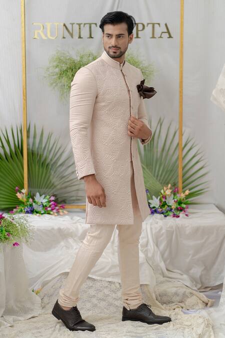 Runit Gupta_Pink , Silk Quilted Navab Sherwani Set _Online_at_Aza_Fashions