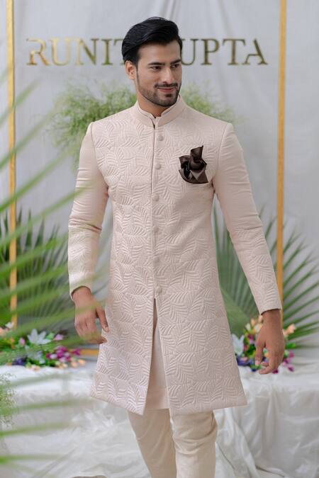 Shop_Runit Gupta_Pink , Silk Quilted Navab Sherwani Set _Online_at_Aza_Fashions