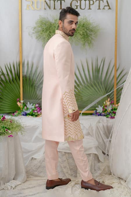 Shop_Runit Gupta_Pink Chanderi Silk Embroidery Elephant Zain Sherwani Set _at_Aza_Fashions