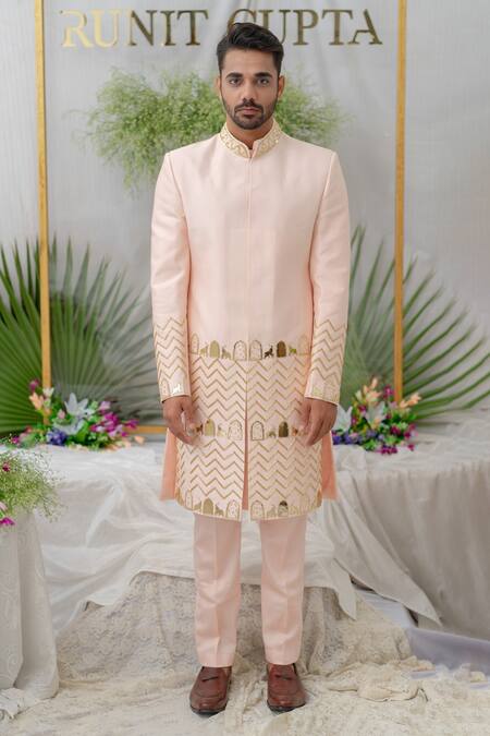 Runit Gupta_Pink Chanderi Silk Embroidery Elephant Zain Sherwani Set _Online_at_Aza_Fashions