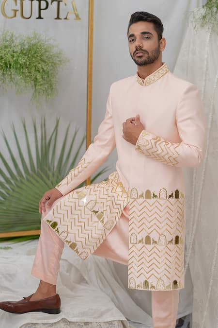 Buy_Runit Gupta_Pink Chanderi Silk Embroidery Elephant Zain Sherwani Set _Online_at_Aza_Fashions