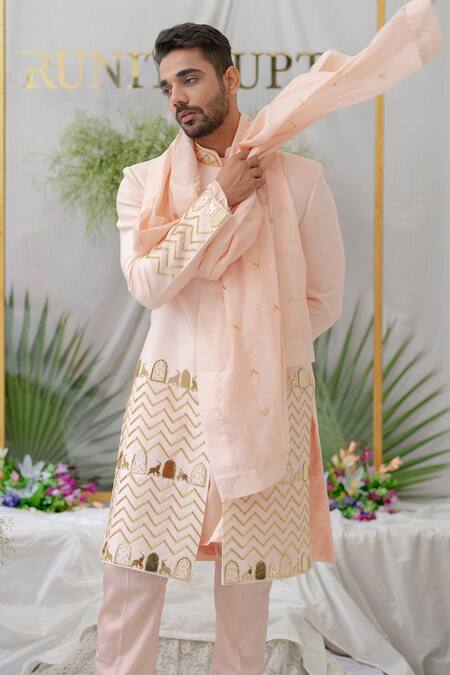 Shop_Runit Gupta_Pink Chanderi Silk Embroidery Elephant Zain Sherwani Set _Online_at_Aza_Fashions