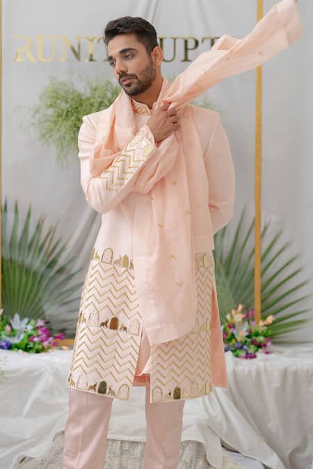 Runit Gupta_Pink Pipe Zain Chanderi Silk Stole_Online_at_Aza_Fashions