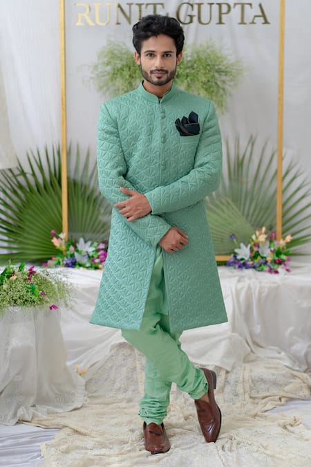 Runit Gupta Green , Silk Quilted Kunwar Sherwani Set Online at Aza Fashions Runit Gupta_Green , Silk Quilted Kunwar Sherwani Set _Online_at_Aza_Fashions