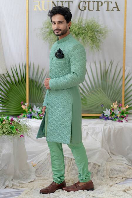 Buy Runit Gupta Green , Silk Quilted Kunwar Sherwani Set Online at Aza Fashions Buy_Runit Gupta_Green , Silk Quilted Kunwar Sherwani Set _Online_at_Aza_Fashions
