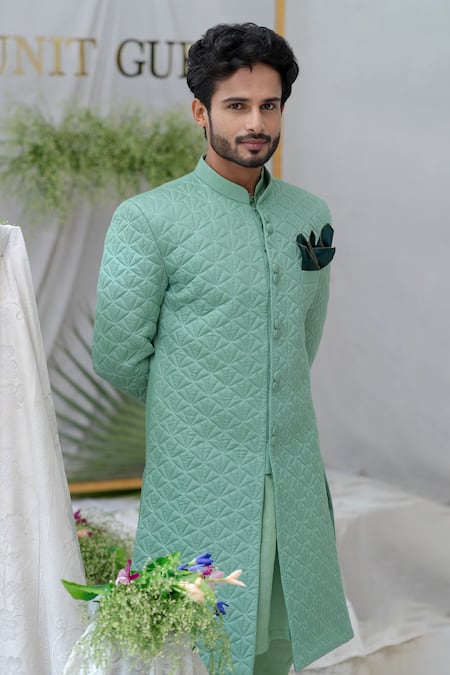 Shop Runit Gupta Green , Silk Quilted Kunwar Sherwani Set Online at Aza Fashions Shop_Runit Gupta_Green , Silk Quilted Kunwar Sherwani Set _Online_at_Aza_Fashions