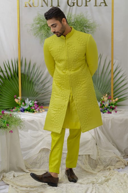 Runit Gupta_Green , Silk Quilted Yuvaan Sherwani Set _Online_at_Aza_Fashions