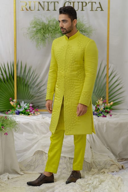 Buy_Runit Gupta_Green , Silk Quilted Yuvaan Sherwani Set _Online_at_Aza_Fashions