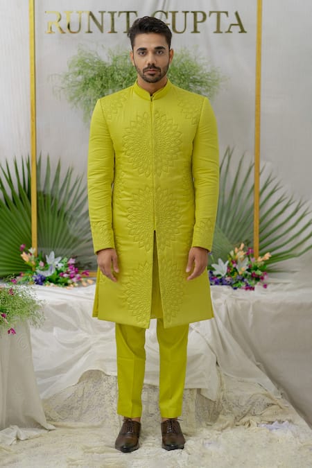 Shop_Runit Gupta_Green , Silk Quilted Yuvaan Sherwani Set _Online_at_Aza_Fashions