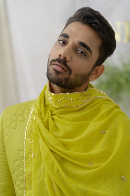 Shop_Runit Gupta_Green Pipe Yuvaan Cotton Embroidered Stole _Online_at_Aza_Fashions