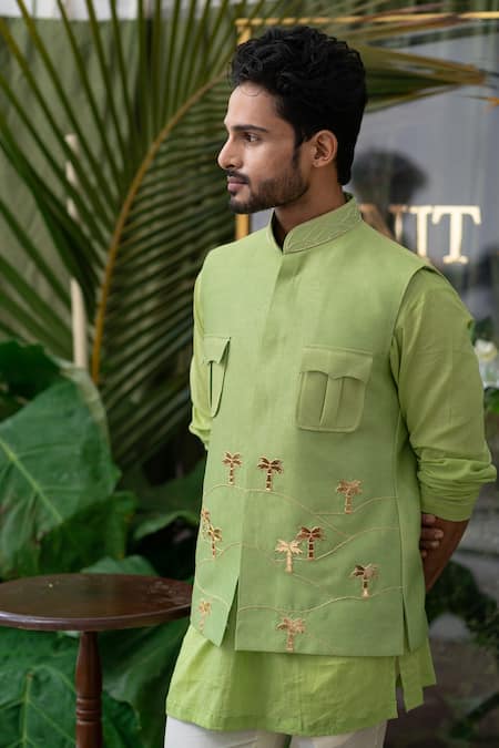 Runit Gupta Green Chanderi Silk Palm Tree Bundi at Aza Fashions Runit Gupta_Green Chanderi Silk Palm Tree Bundi _at_Aza_Fashions